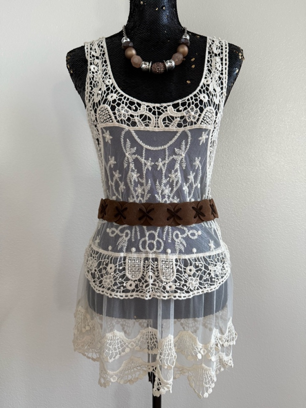 Rue 21 Ivory Crochet Lace Sheer Racerback Tank Top Size Large